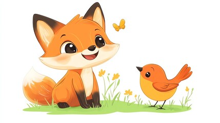 Obraz premium A cute cartoon fox and a bird.