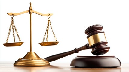 Golden Scales of Justice with Judge Gavel on Wooden Table