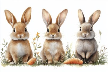 Obraz premium Three adorable rabbits sitting in a grassy field with carrots and flowers.