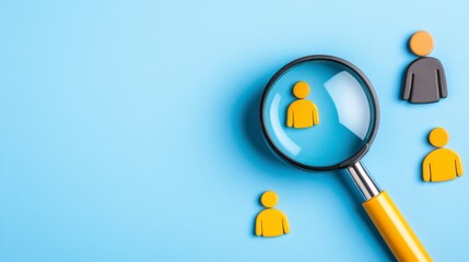 A magnifying glass focuses on a central figure surrounded by smaller icons representing people, set against a bright blue background.