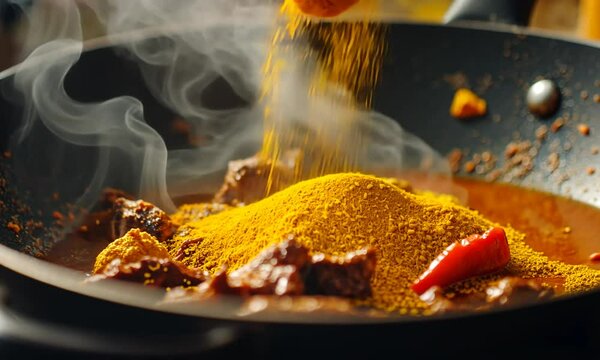 Aromatic Spiced Meat Stew Simmering in a Wok, Steam Rising