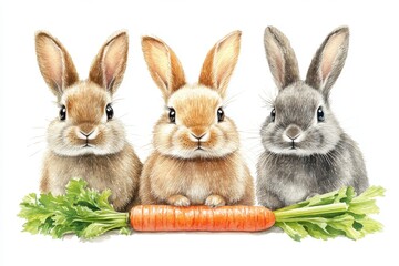 Obraz premium Three adorable rabbits sitting with a carrot and celery, highlighting their playful nature.