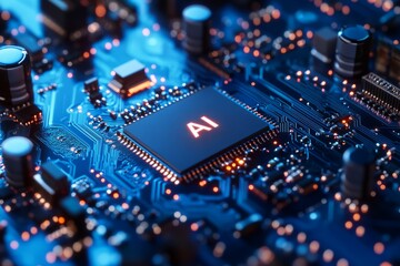 Obraz premium 3D illustration of the chip with text AI, with a blue color scheme. The background features light gray and white waves with tech elements