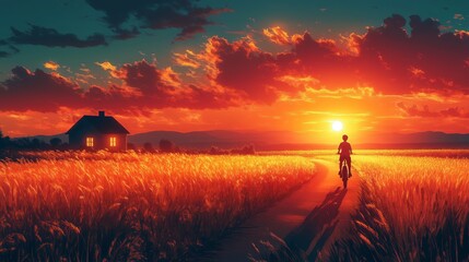 Fototapeta premium Serene sunset over golden wheat field with a cyclist on a lone path