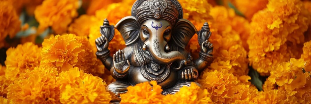 Lord Ganesha Idol Surrounded by Marigold Flowers - This captivating image features a Lord Ganesha idol beautifully adorned with vibrant marigold flowers, symbolizing prosperity, wisdom, joy, and devot