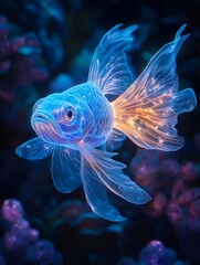 Obraz premium Luminous Aquatic Creature A Celestial Fish in Undercurrent - A stunning luminous fish glides through vibrant underwater environments, symbolizing beauty, tranquility, and the mystery of ocean life.