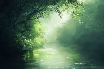 Fototapeta premium Lush Green Leafy Landscape Nature Scene Digital Art - A serene landscape with green leaves, tranquil water, soft light, and a misty atmosphere symbolizes peace, nature, and beauty.