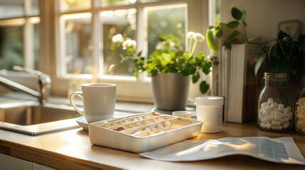 Fototapeta premium Sunny kitchen with morning pills organizer and greenery on wooden counter