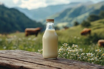 Glass bottle with fresh milk on a wooden table in a blurred landscape of a meadow and mountains. Sustainable and ecological production of food and milk. Livestock and dairy farm