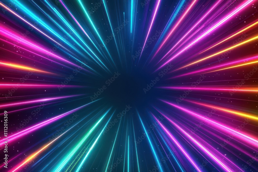 Poster swirling starburst patterns with glowing comet trails, dynamic motion, vibrant spectrum of colors, n