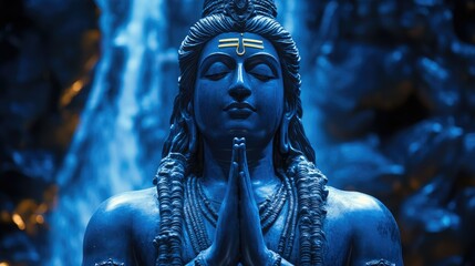 Serene blue Shiva statue, hands in prayer, waterfall backdrop.