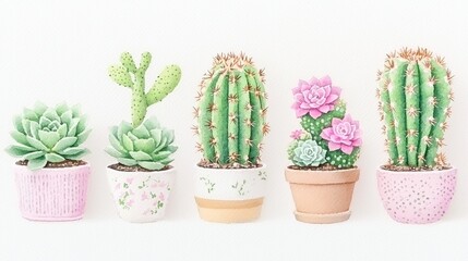 Cactus Collection Watercolor Art, vibrant potted cacti and succulents displayed on a white background, ideal for stickers and greeting card designs, showcasing unique plant beauty.