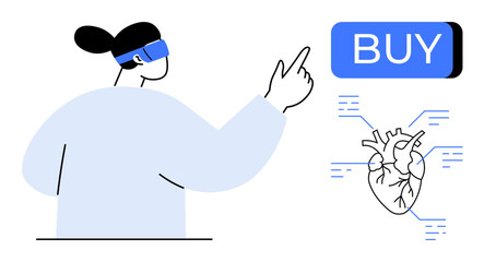 Person wearing VR headset points at BUY button with visible heart diagram. Ideal for tech, medical education, virtual reality, e-commerce, online shopping, healthcare, futuristic technology concepts