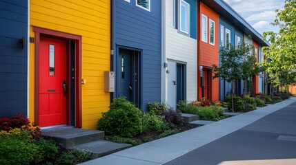 Colorful row of houses with vibrant facades, landscaping, and walkways on a sunny day.
