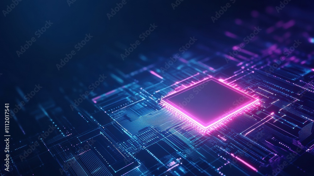 Poster a glowing digital ai chip highlights an abstract tech brain design on a dark blue background, showca