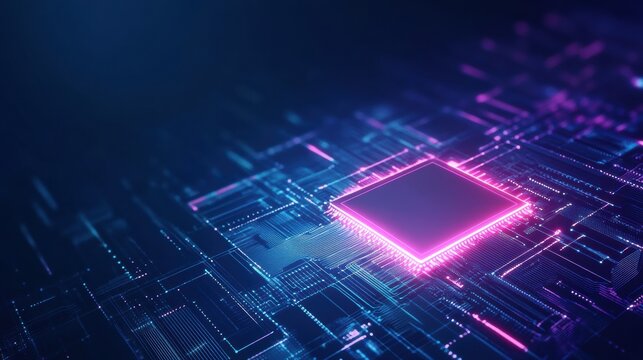 A glowing digital AI chip highlights an abstract tech brain design on a dark blue background, showcasing AI's potential. Generative AI - Powered by Adobe