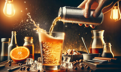 Eine Dose mit einem Energy Drink, der in ein Glas gesch&uuml;ttet wird, copy space