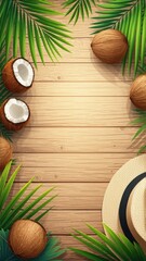 Coconuts and palm leaves on a wooden background, frame , space for text
