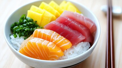 Fresh Sushi Bowl with Slices of Salmon, Tuna, and Avocado Toppings