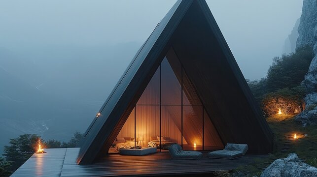 Camp villa, triangular wooden house hotel on the mountainside, minimalist design, geometric shapes, dusk.