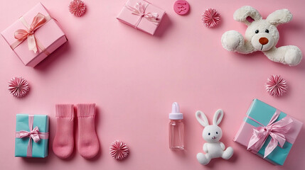 Cute baby girl concept with pink gifts, socks, and toys arranged on soft pink background, creating joyful and festive atmosphere