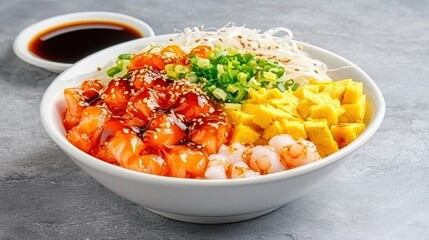 Fresh and Colorful Asian Sushi Bowl with Shrimp and Vegetables