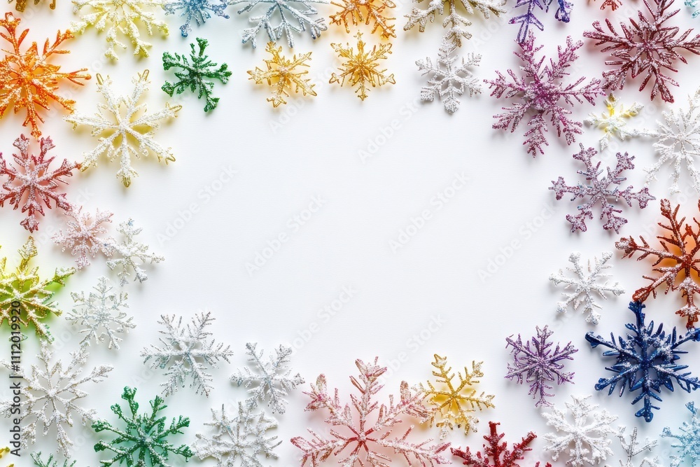 Aufkleber intricate snowflakes in various rainbow colors surround a blank area, offering a vibrant backdrop th