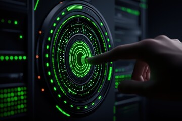 Obraz premium A futuristic hand interacts with a glowing green interface, set against a dark background, suggesting advanced technology and digital control.