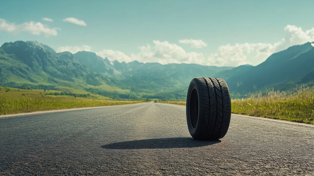 A lone tire rests on a quiet, empty road surrounded by mountains in the early afternoon light