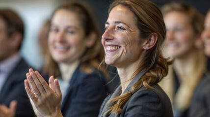 Obraz premium Successful businesswoman clapping at a professional conference event. Business Team Applause