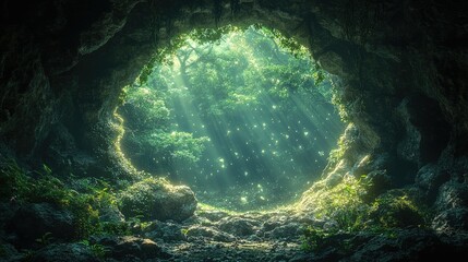 Obraz premium A mystical cave opening revealing a lush forest with sunlight and floating particles.