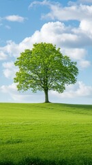Obraz premium Lone tree in a grassy field with a blue sky