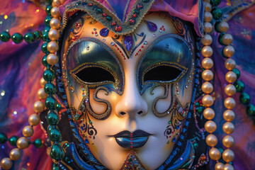 A whimsical Mardi Gras mask with playful patterns, bold colors, cascading beads, and a dreamlike background, evoking a surreal and enchanting atmosphere.
