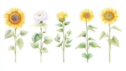 Fototapeta premium Sunflower Watercolor Collection, vibrant yellow blooms, elegant floral elements, summer wildflowers, perfect for decor, stationery, and artistic projects, cheerful and uplifting design.
