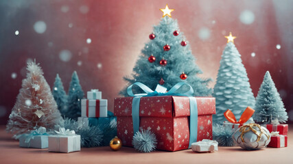 Obraz premium Celebrate the Joy of Christmas with Festive Trees and Brightly Wrapped Gifts in a Winter Wonderland