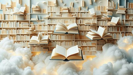 Books are flying through the air in a library filled with books
