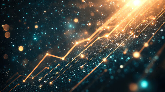 A dynamic display of glowing particles and geometric shapes representing data flow in a futuristic, digital landscape