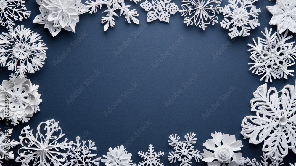 Poster delicate paper snowflakes form a decorative border on a deep blue background, offering blank space f