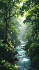 Obraz premium River winds its way through the lush green forest, natural beauty, river flow, serpentine river, winding river