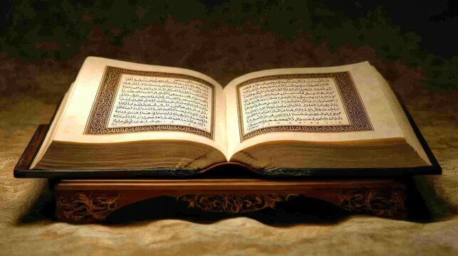 Open Quran Resting on Ornate Wooden Stand with Warm Light Reflection Highlighting Text
