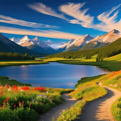 Crystal-clear lake mirroring snow-capped peaks in a serene Canadian wilderness