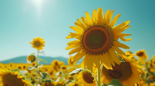 A vast sunflower field stretching out under a clear blue sky, with bright yellow flowers reaching for the sun.