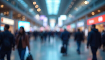 Background of an expo or convention with blurred individuals in an exposition hall Concept image for a international exhibition conference center corporate marketing or event fair Generative ai