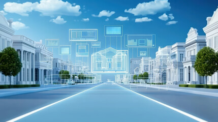 Obraz premium digital landscape showcasing futuristic city with buildings and data overlays, blending technology and architecture. scene evokes innovation and modernity