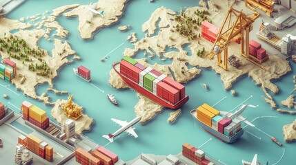 Intricate miniature world map depicting global trade with ships and containers.