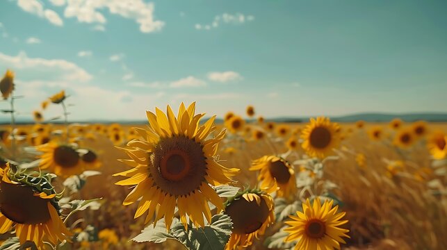 A vast sunflower field stretching out under a clear blue sky, with bright yellow flowers reaching for the sun. - Powered by Adobe