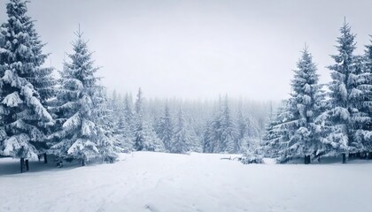 Naklejka premium Frosty winter landscape in snowy forest. Christmas background with fir trees and blurred
