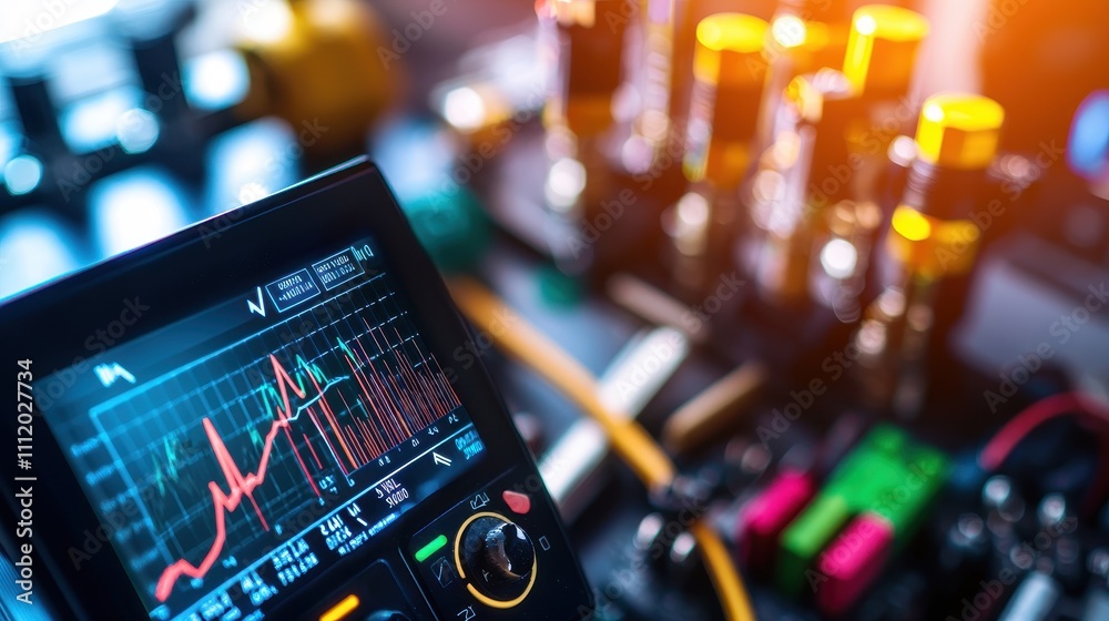 Poster digital oscilloscope displaying waveform analysis in laboratory setting