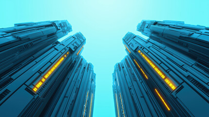 Obraz premium Futuristic cityscape featuring towering structures with glowing elements, set against bright blue sky. design showcases advanced architecture and technology