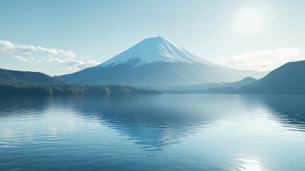 Majestic snow-capped mountain reflected in tranquil lake under clear blue sky.